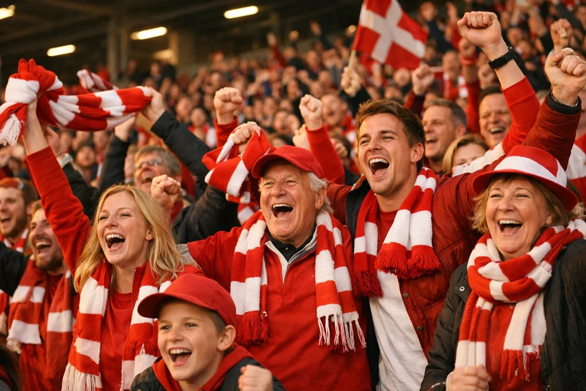 Glade AaB fans pa tribunen fejrer en sejr med rod-hvide flag og halstorklæder