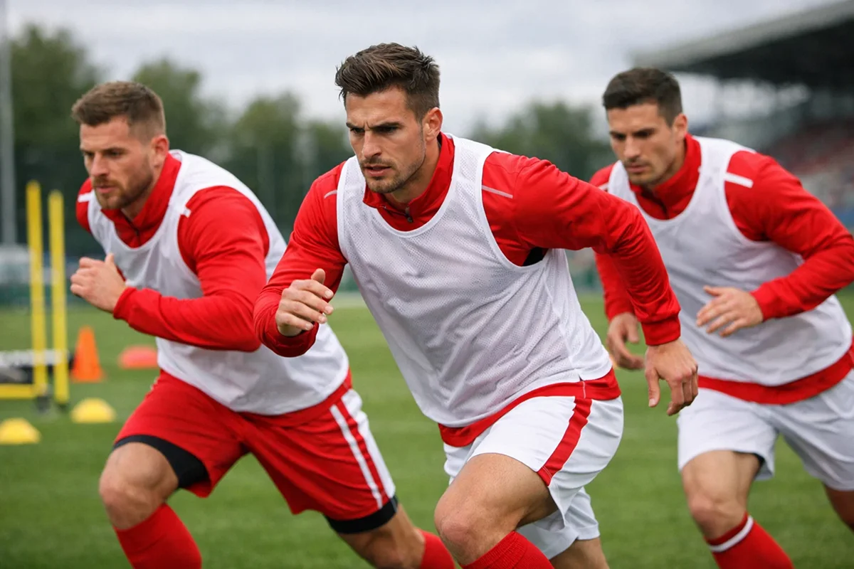 AaB spillere under intensiv traening pa traningsbanen med fokuserede ansigtsudtryk