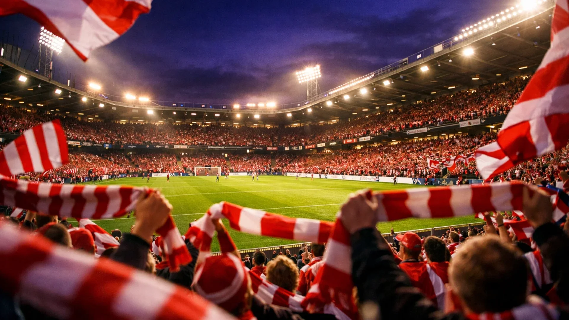 Aalborg Portland Park stadion fyldt med fans i rod-hvide farver pa en kampdag