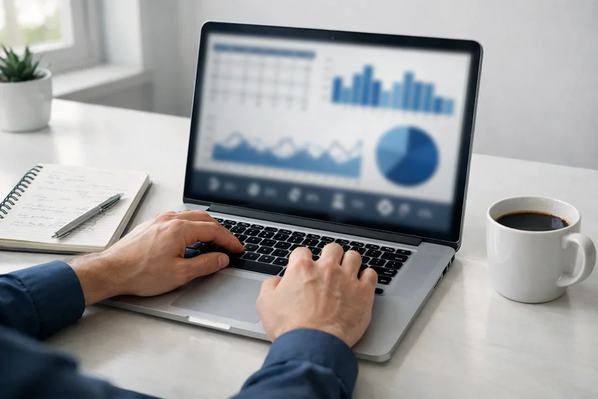 Person analyserer fodboldstatistik pa en laptop med grafer og tabeller over AaB kampe
