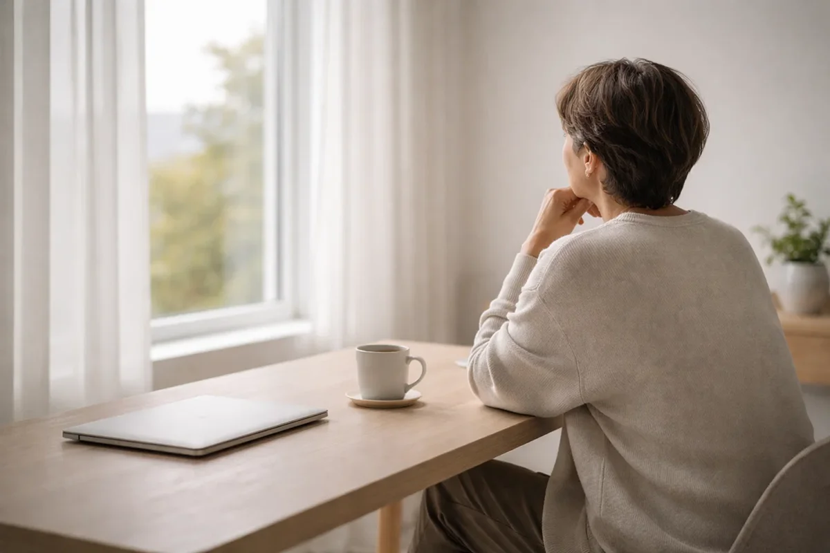Person sidder ved skrivebord og kigger eftertaenksomt ud af vinduet med en lukket laptop foran sig