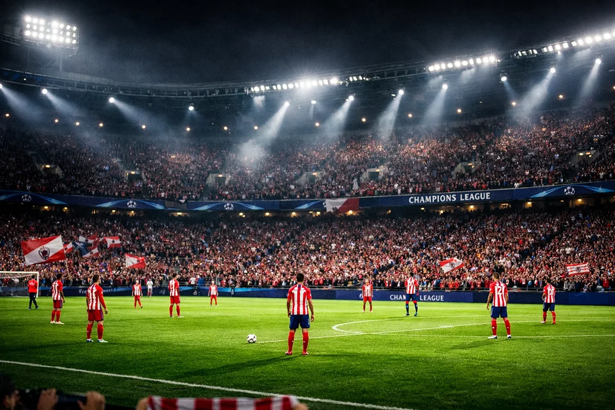 AaB spillere på banen under en europæisk fodboldaften med fyldt stadion og projektørlys