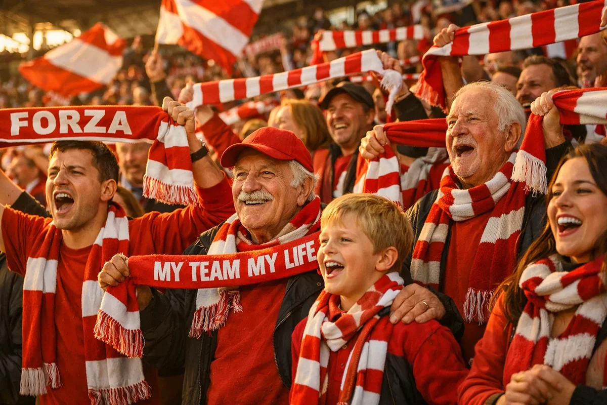 Fodboldfans i rød-hvide farver på tribunen med halstørklæder og flag der støtter deres hold