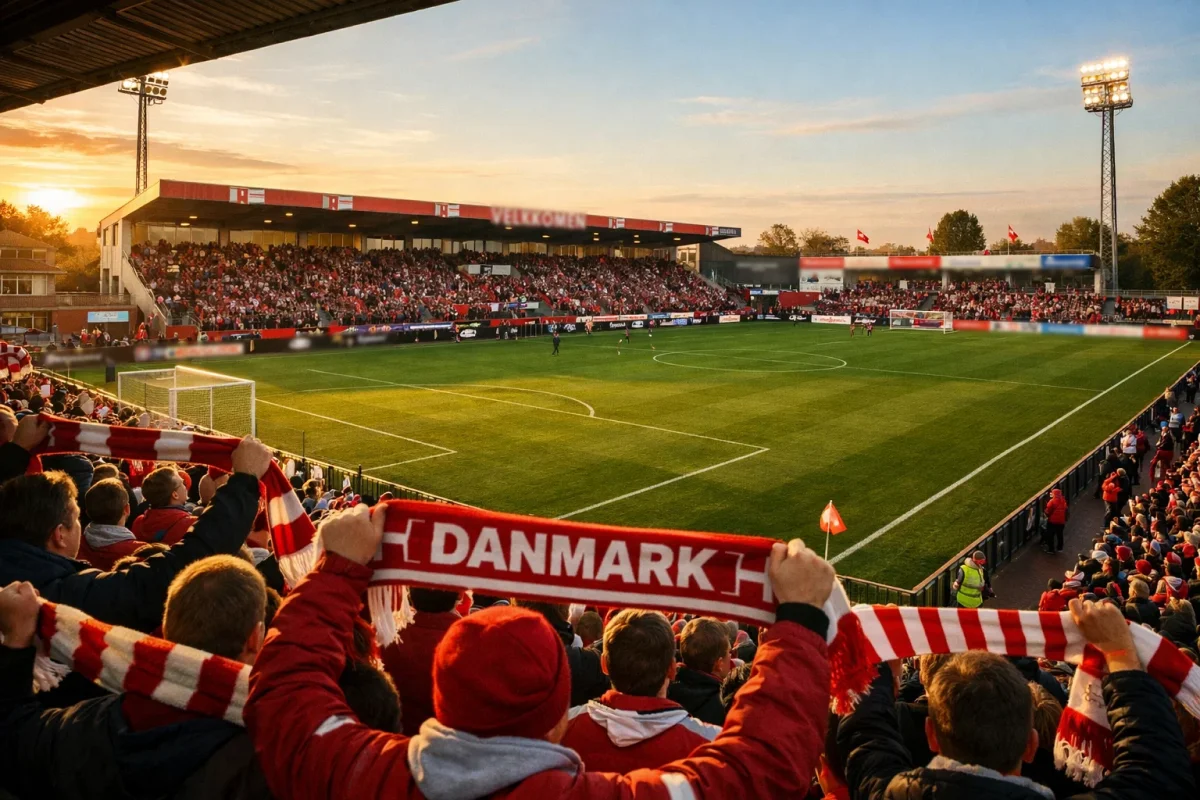 Aalborg Portland Park stadion set fra tribunen med fans og groen fodboldbane
