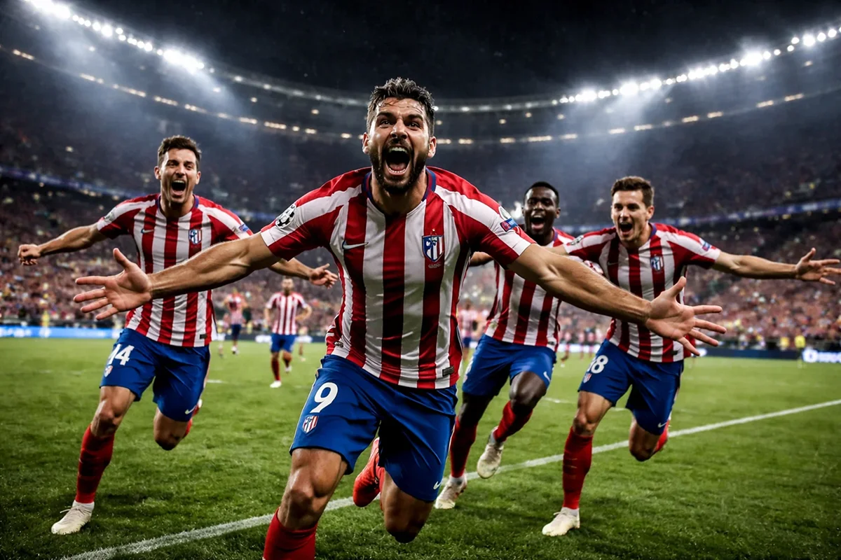 Fodboldspillere i rød-hvide trøjer jubler efter scoring i Champions League kamp om aftenen