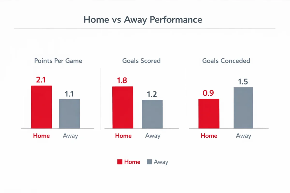 Statistisk analyse af AaB's hjemmekampe med søjlediagram over point og mål