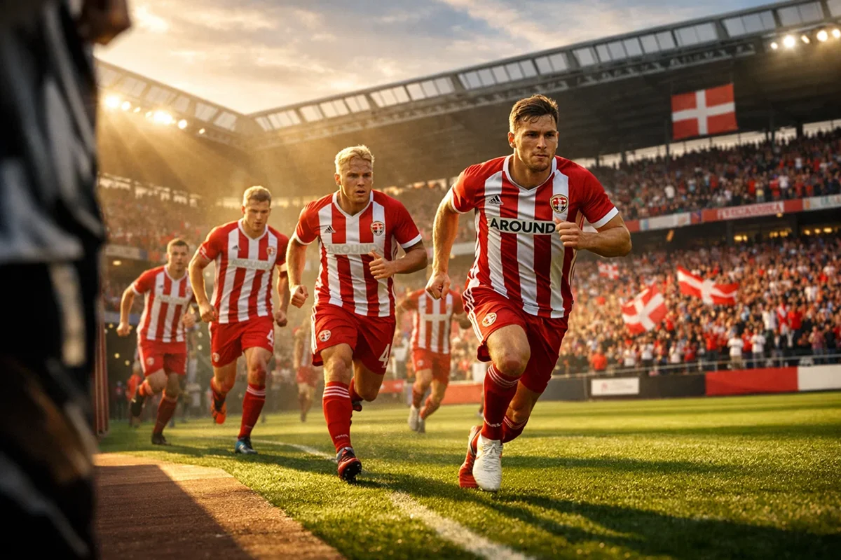 Fodboldspillere i rød-hvide trøjer løber på banen med stadion og fans i baggrunden
