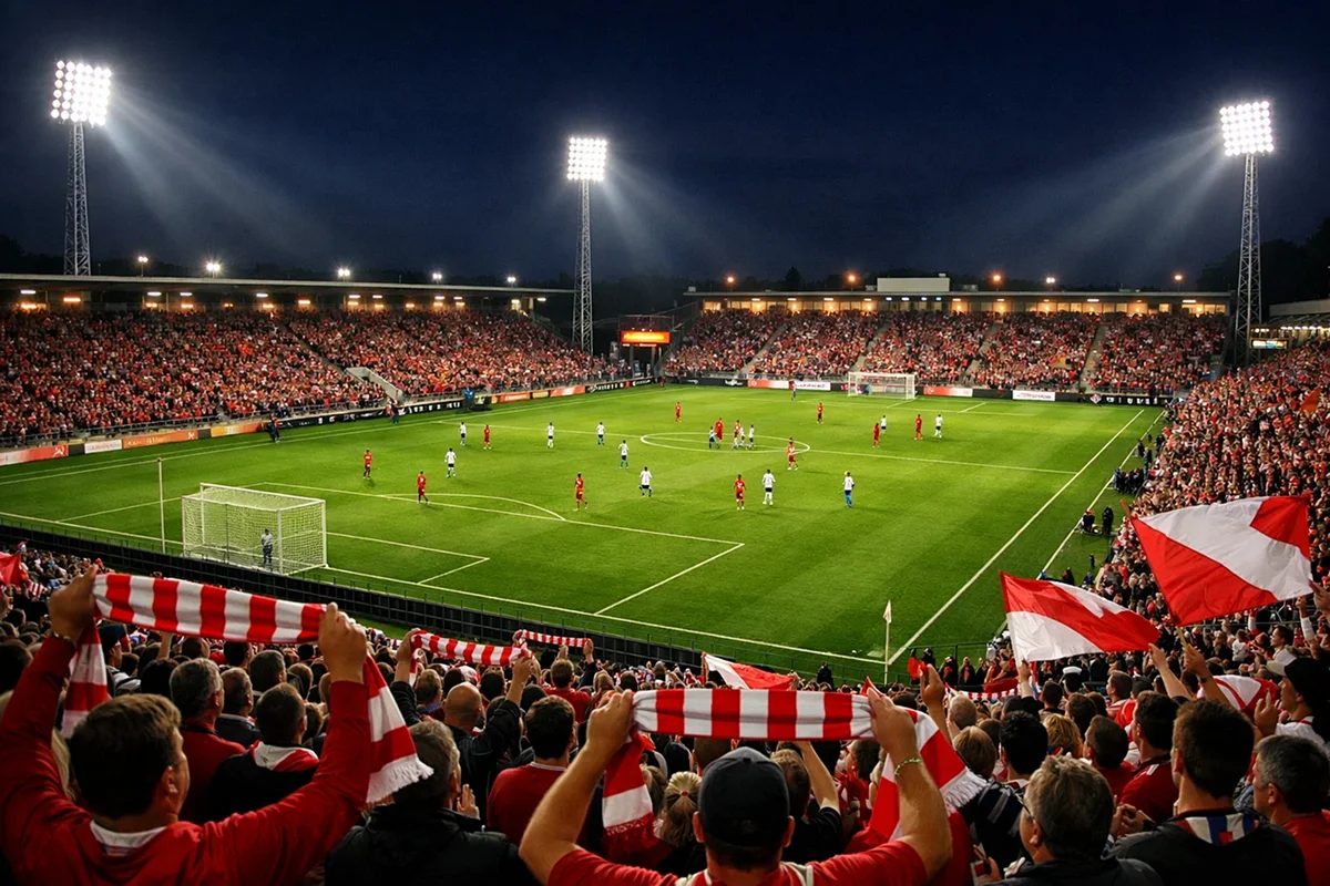 Aalborg Portland Park stadion oplyst under en aftenkamp med fans på tribunerne