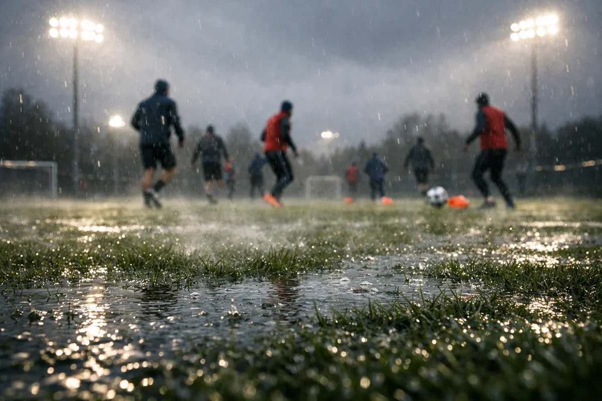 Fodboldbane i Aalborg under regnvejr med vådt græs og spillere