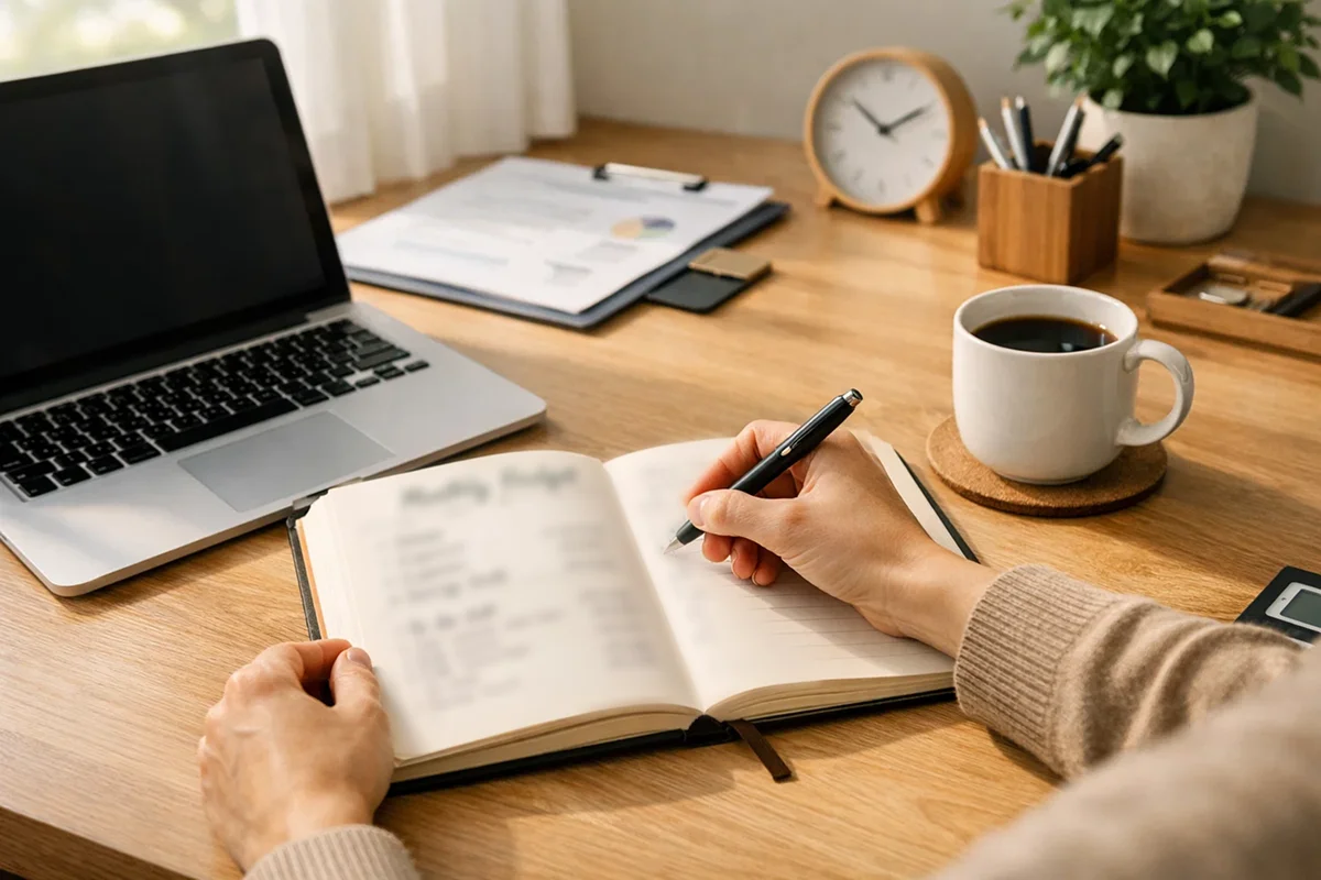 Person sidder ved skrivebord og laver budget med notesbog og baerbar computer