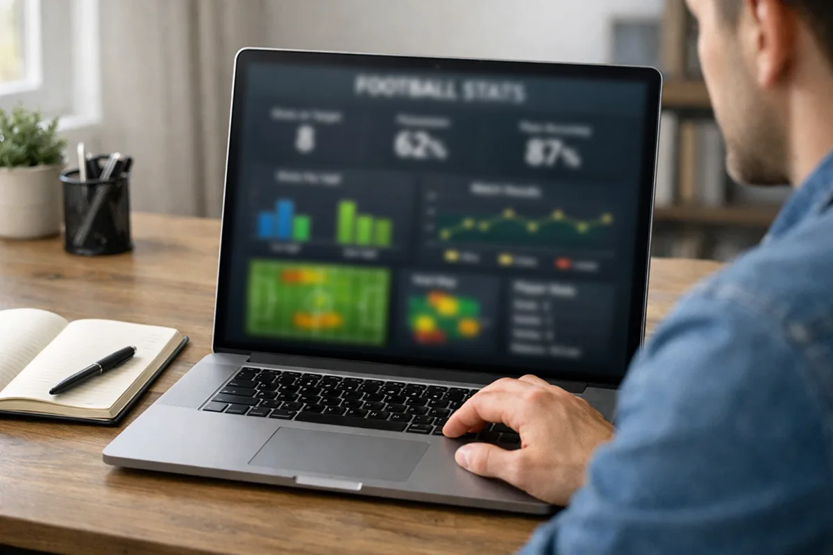 Person analyserer fodboldstatistik på computer med odds og data synlige på skaermen