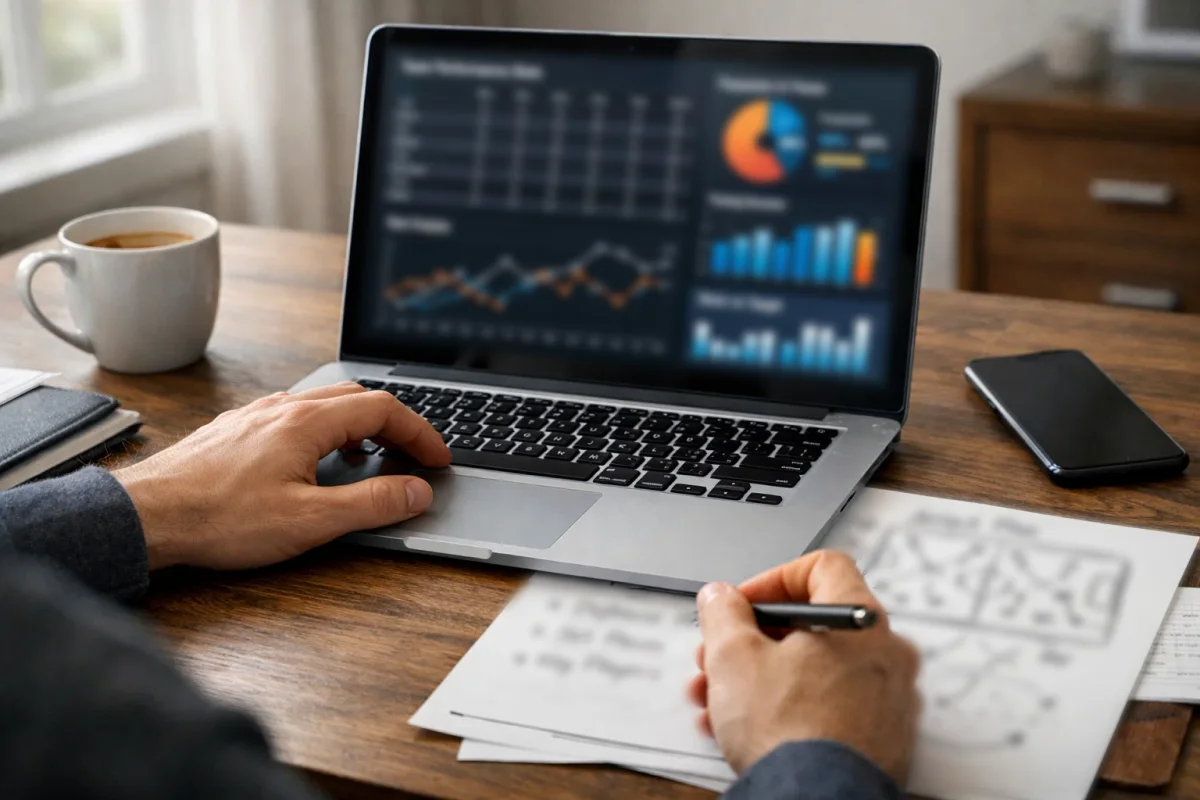 Person analyserer fodboldstatistik på laptop med noter og strategi
