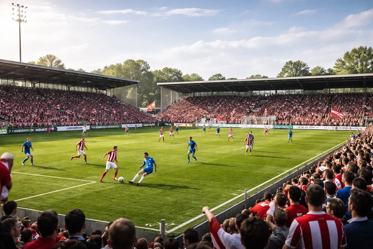 Dansk fodboldbane set fra tribunen med spillere i aktion under en 1. Division kamp