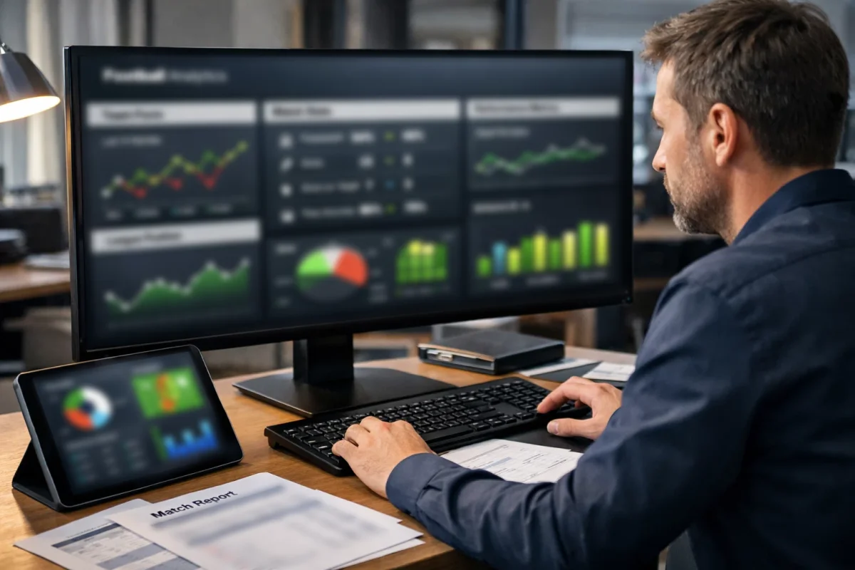Analytiker arbejder med fodbolddata og statistikværktøjer på computerskærm