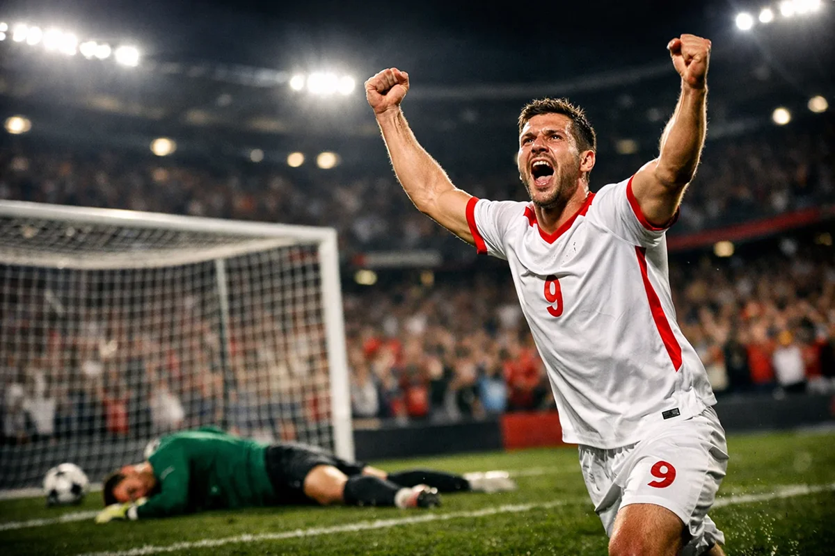 Fodboldspiller scorer mål i dramatisk kampscene med jubel