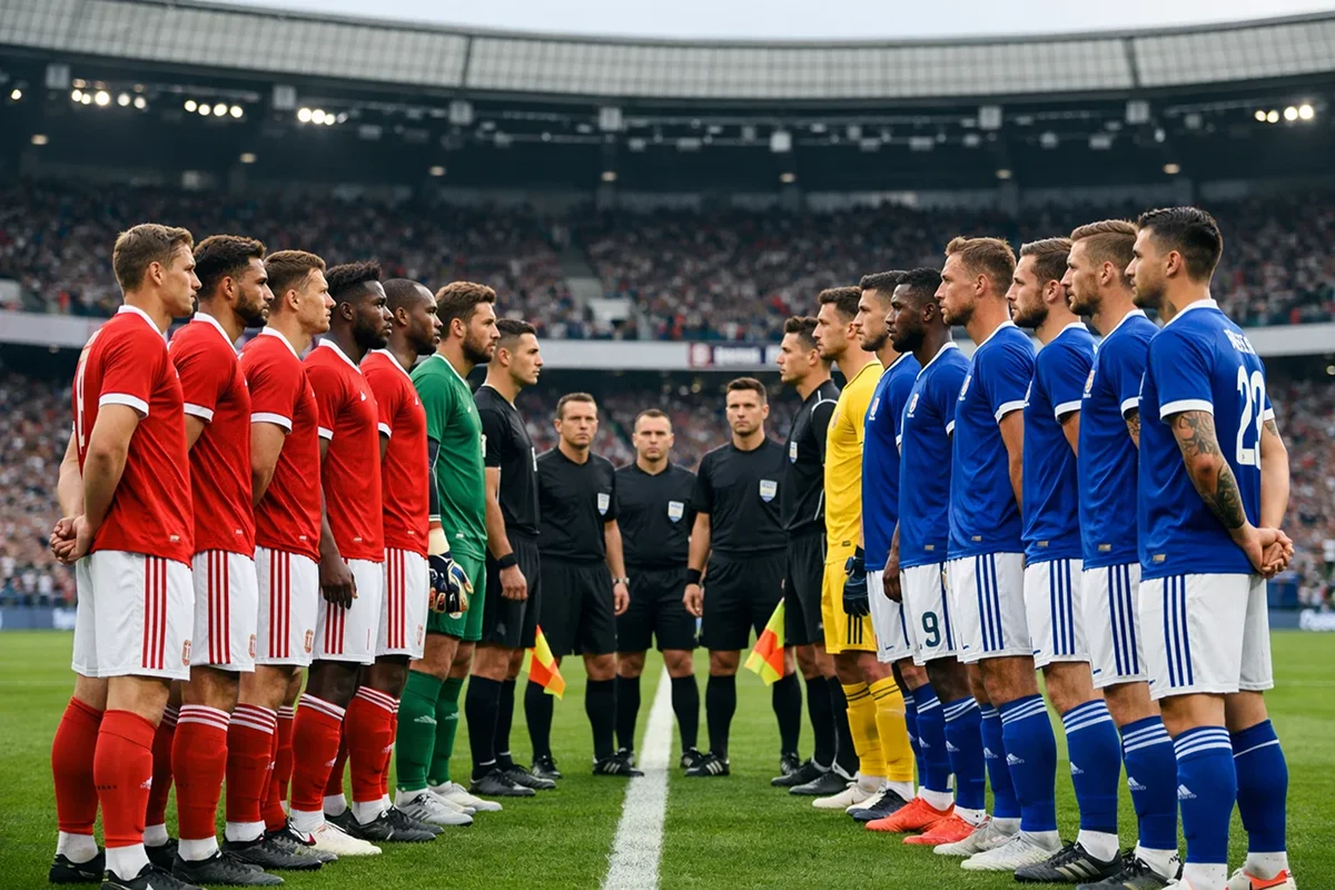 Fodboldhold stillet op på banen klar til kamp med fokus på konkurrence og rivalisering
