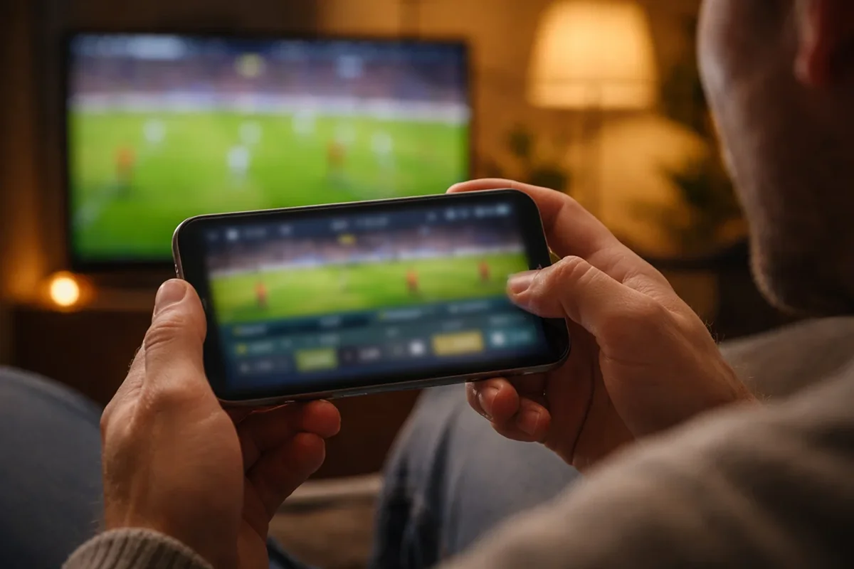 Person folger live fodboldkamp og betting odds paa smartphone