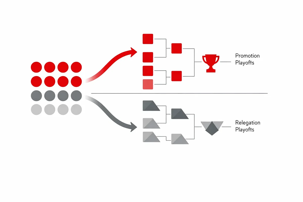 Visuel oversigt over dansk ligasystem med grundspil og oprykningsspil struktur